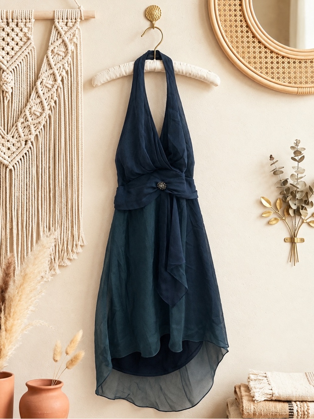 Vintage Maggy London Teal and Navy Halter Rhinestone Cocktail Dress